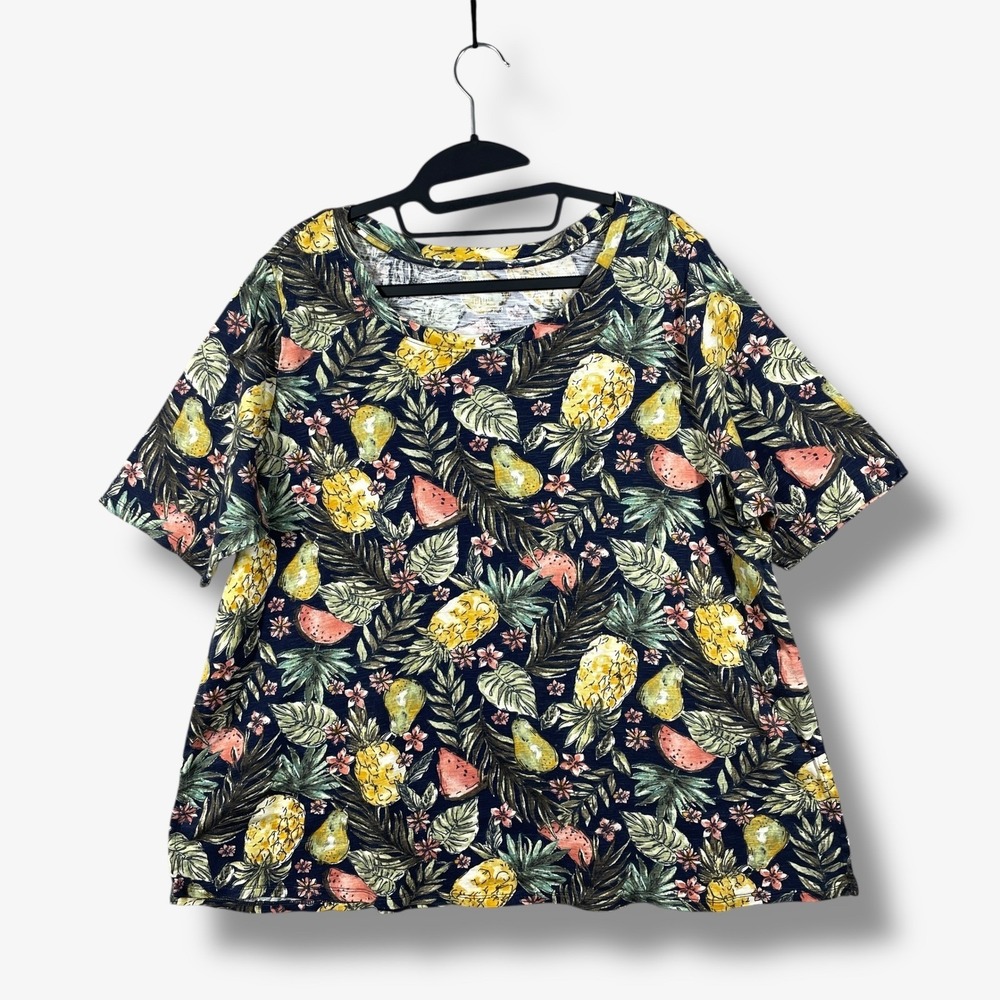 J. Jill Pima Scoop Neck Tee Women XL Blue Tropical‎ Fruit Pineapple Coastal Boho